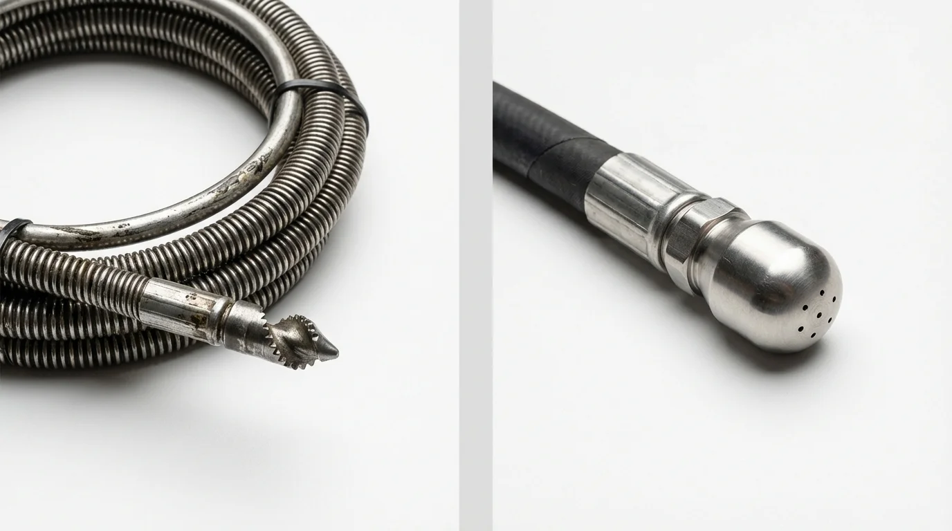 Drain snake cable and hydro jetting nozzle used for drain cleaning in Trenton, GA