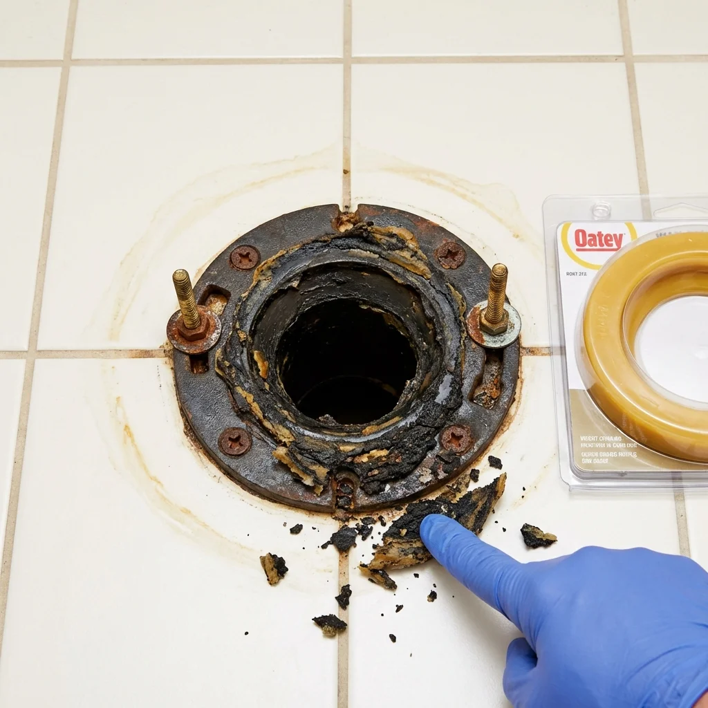 Failed wax ring showing water seepage at the base of a toilet in a Trenton, GA home