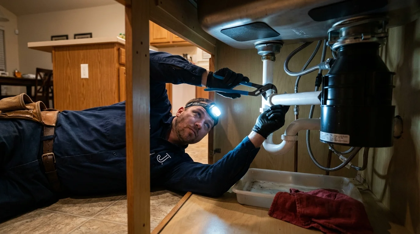 P-trap and supply line connections under a kitchen sink showing a common leak point in Trenton, GA